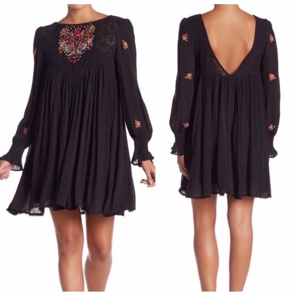 Free People Mohave A-line‎ DressMini Dress Black XS Embroidered Boho Babydoll - Picture 2 of 12